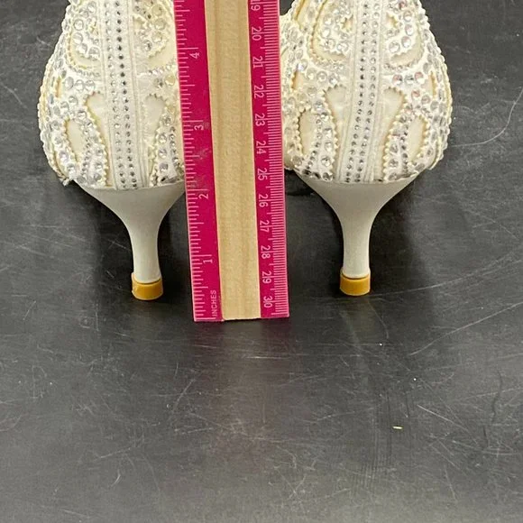 XYD white rhinestone peep toe kitten low heels slip on ankle strap sandals shoes - Picture 7 of 8